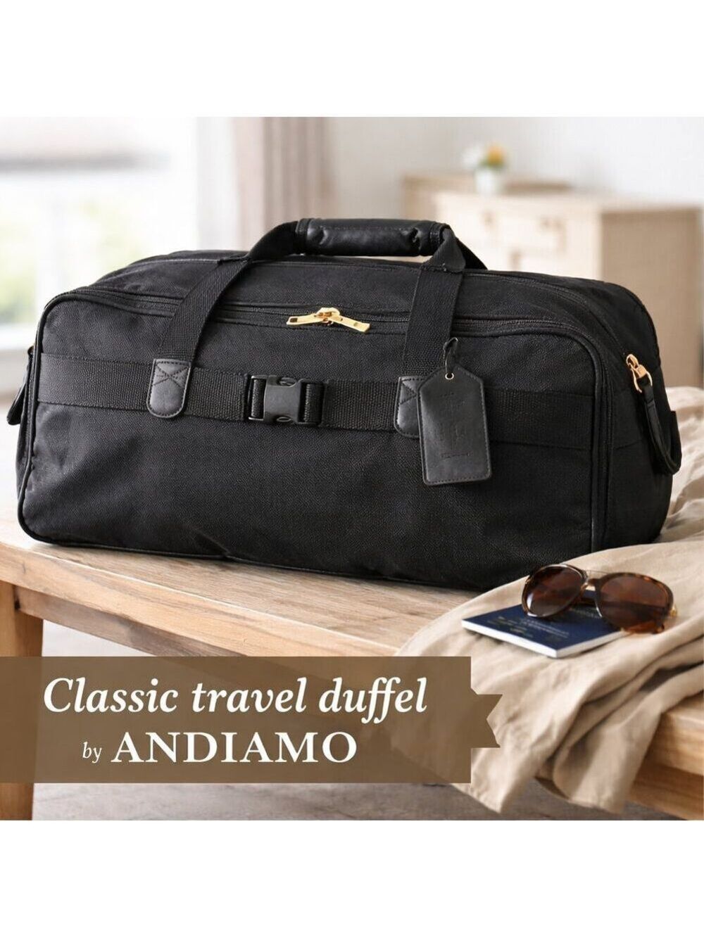 Andiamo Black Nylon Leather Trim Duffel Bag | Weekender Carry On Travel Bag